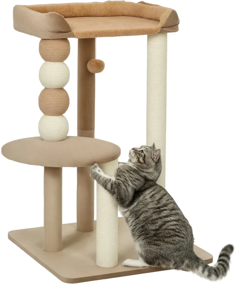 Krabpaal 86 cm – Kattenboom met Speelbal voor Katten tot 7 kg – Koffiebruin de Happiq – photo produit