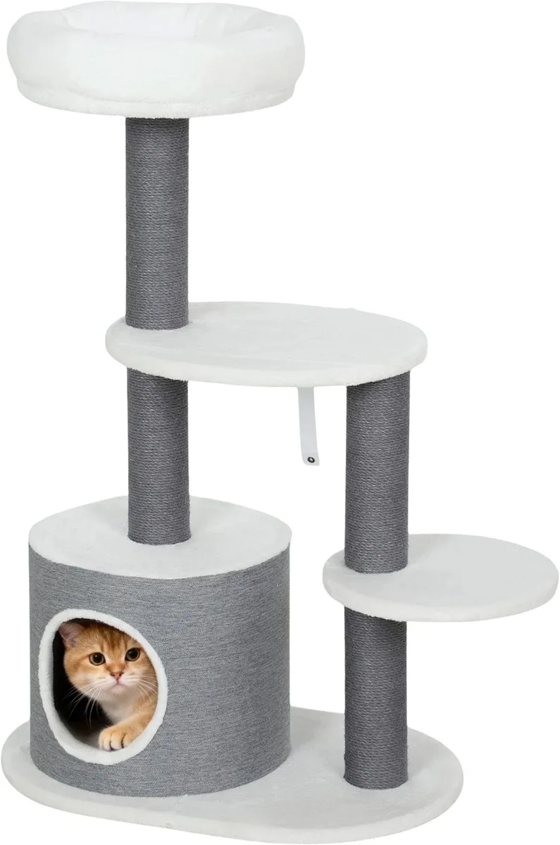 Krabpaal 98 cm – Katten Toren met Cave, 3 Platforms & Krabpalen – Grijs/Wit von Happiq – Produktfoto