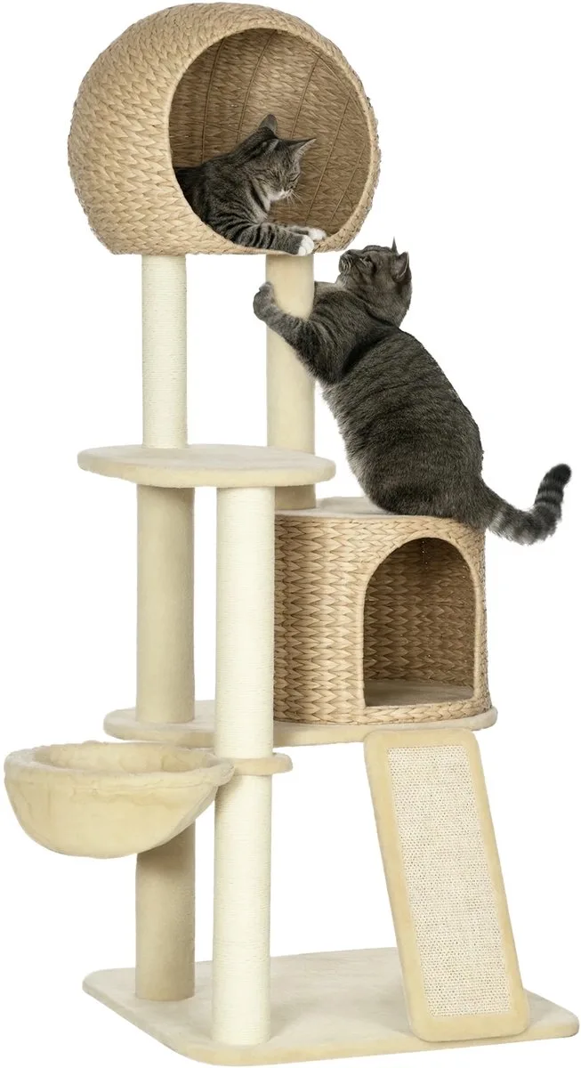 Krabpaal Klimboom – Kattenboom met Kattenhuis, Loopplank & Speelboom – Beige by Happiq – product photo