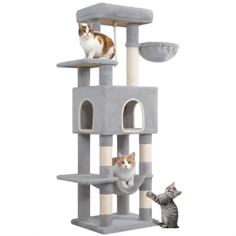 Krabpaal – Voor Katten – 149 cm Kattenboom met 5 Krabpalen, Grote Platforms, Schuilgrot en Speelballetjes – Lichtgrijs by Happiq – product photo