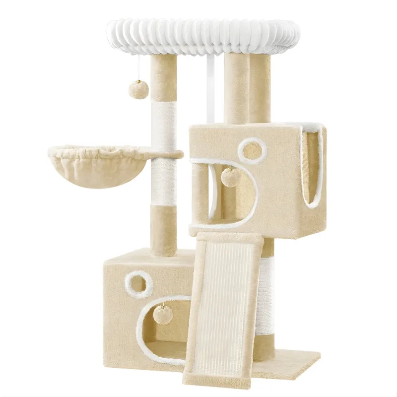 Krabpaal – Voor Katten – 98 cm Kleine Kattenboom, Ruim en Stevig met Groot Zacht Platform, Kattenhol en Speelballetjes – Beige von Happiq – Produktfoto