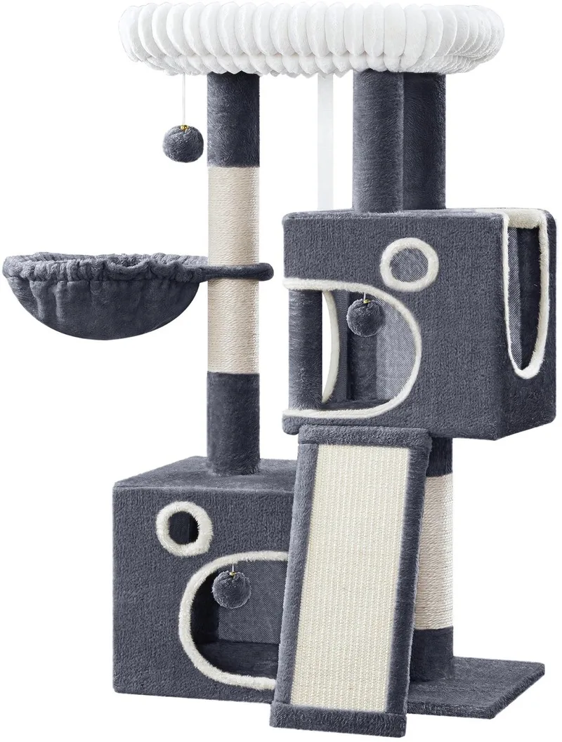 Krabpaal – Voor Katten – 98 cm Kleine Kattenboom, Ruim en Stevig met Groot Zacht Platform, Kattenhol en Speelballetjes von Happiq in Dunkelgrau – Produktfoto