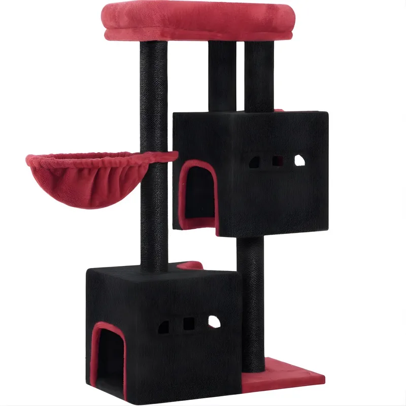 Krabpaal – Voor Katten – 98 cm Stevige Kattenkrabpaal met Groot Ligvlak, Kattenhol, Sisal Krabpalen en Mand – Zwart/Rood von Happiq in Rot – Produktfoto