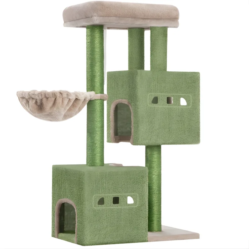 Krabpaal – Voor Katten – 98 cm Stevige Kattenkrabpaal met Groot Ligvlak, Kattenhol, Sisal Krabpalen en Speelballetjes – Groen/Bruin de Happiq – photo produit