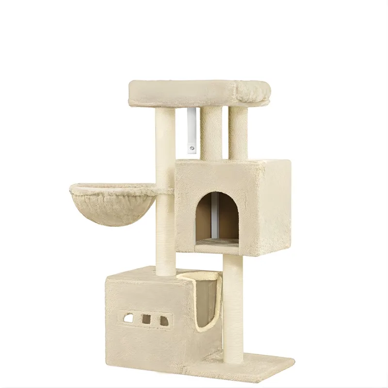 Krabpaal – Voor Katten – 98 cm Stevige Kattenkrabpaal met Groot Ligvlak, Kattenhol, Sisal Krabpalen en Mand – Beige de Happiq – photo produit