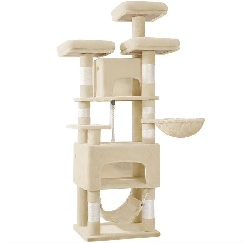 Krabpaal XL – Voor Binnenkatten – Kattenboom met 3 Platforms, 2 Grotten, 7 Krabpalen en Hangmat de Happiq en Beige – photo produit