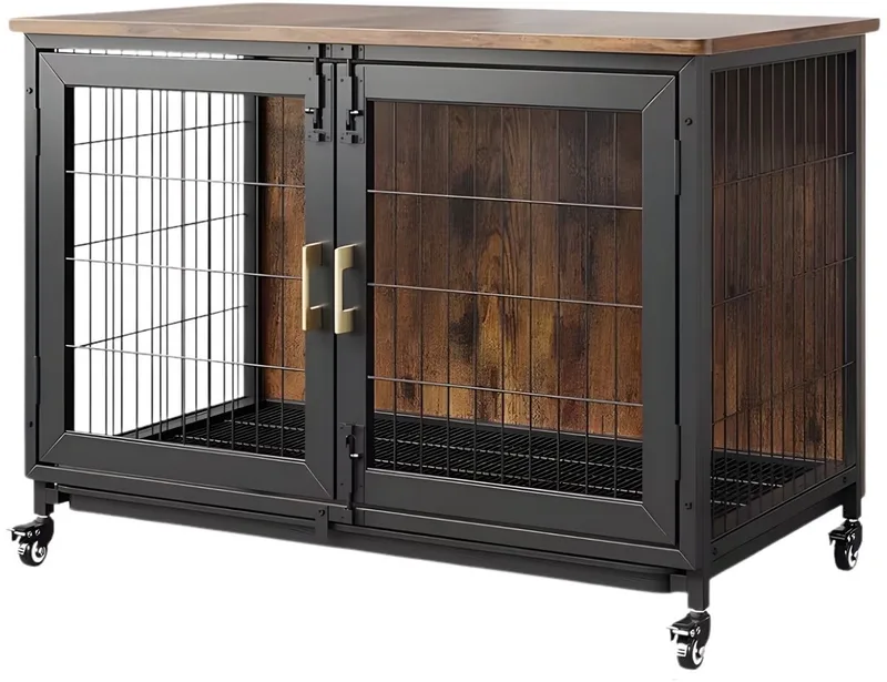 Metal Dog Crate - 2 Deuren, 4 Wielen en Verwijderbare Bodemtray, Kan de Happiq en Houtkleur – photo produit