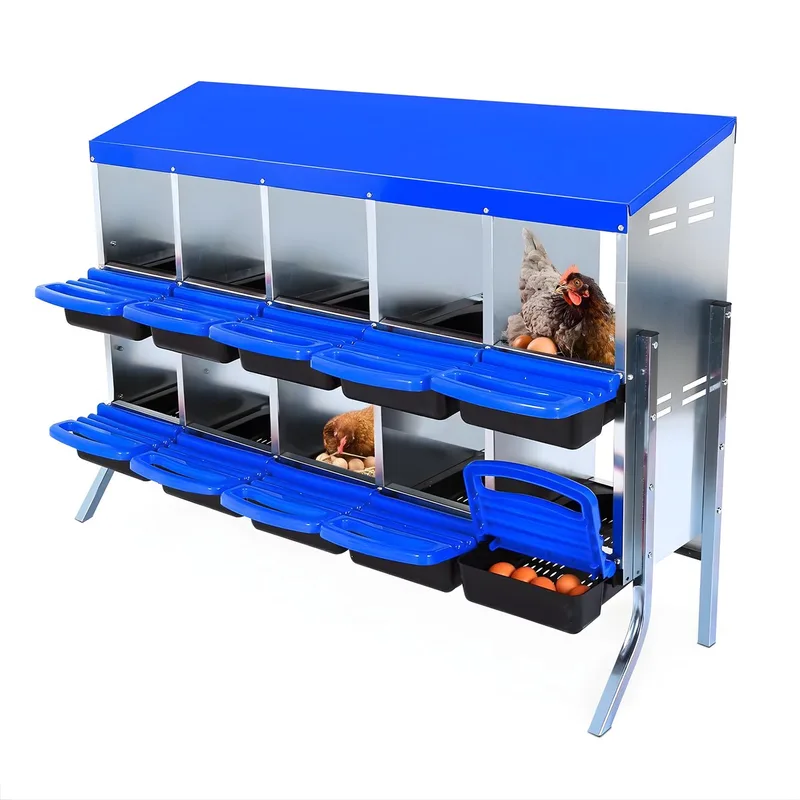 Metalen Kip Nestkast 10 Compartimenten - Voor Kippen & Pluimvee - 2-Lagen Wandmontage met Poot - Gegalvaniseerd Staal - WIT de Happiq en White and Blue – photo produit
