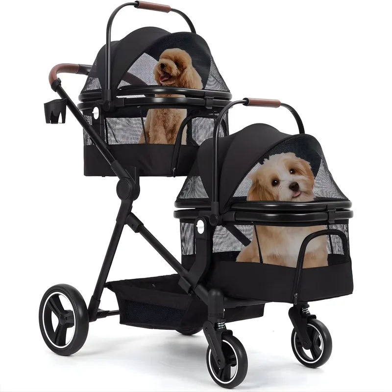 Opvouwbare hondenbuggy - Dubbeldek huisdier stroller met veiligheidstuigjes en netramen - Zwart, 400x400 cm von Happiq – Produktfoto