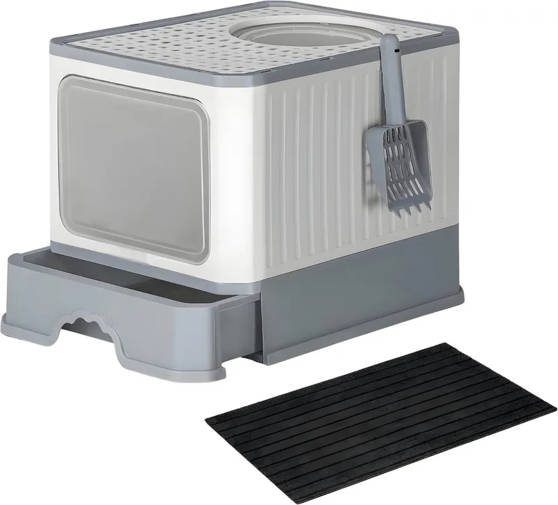 Opvouwbare Kattenbak – Voor Binnenkatten – Kattenbak met Lade en Deksel, Uittrekbare Tray, Schep en Borstel – Ruim tot 15 kg – Wit (L) von Happiq – Produktfoto