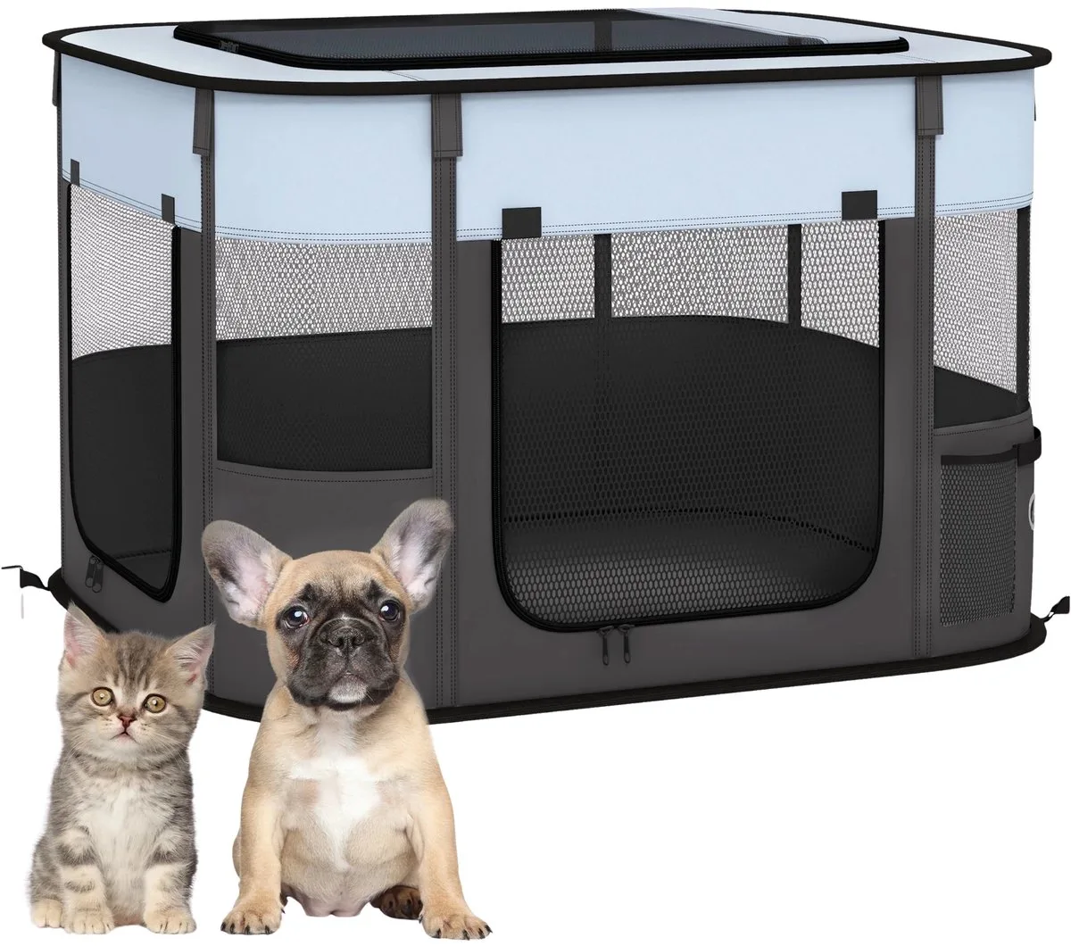 Opvouwbare Puppyren – Van Oxford Stof met Ademend Mesh voor Honden & Katten tot 4 kg – Grijs/Blauw de Happiq en Bleu – photo produit