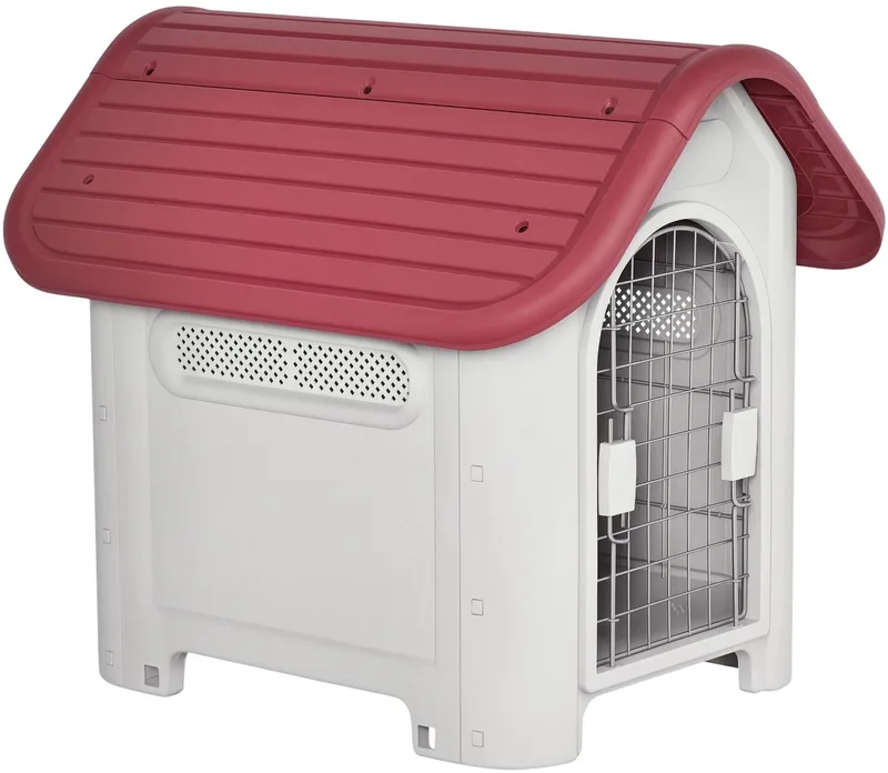 Outdoor Hondenhok – Met Dakluik voor Kleine Honden – Metaal/Plastic – Rood/Lichtgrijs by Happiq – product photo