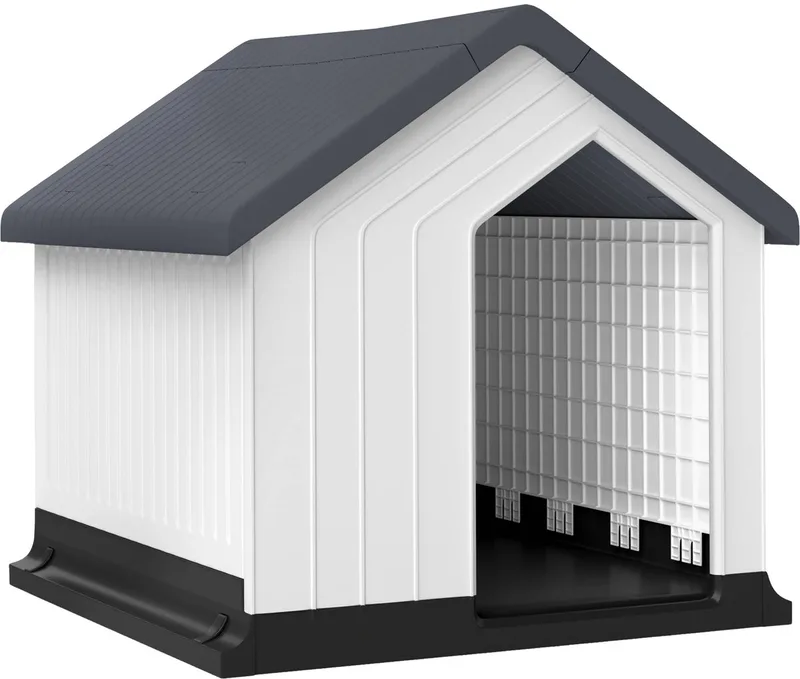 Outdoor Hondenhok – Weerbestendig Hondenhuis met Asfaltdak, Ramen & Dog Cave – Grijs/Wit by Happiq – product photo