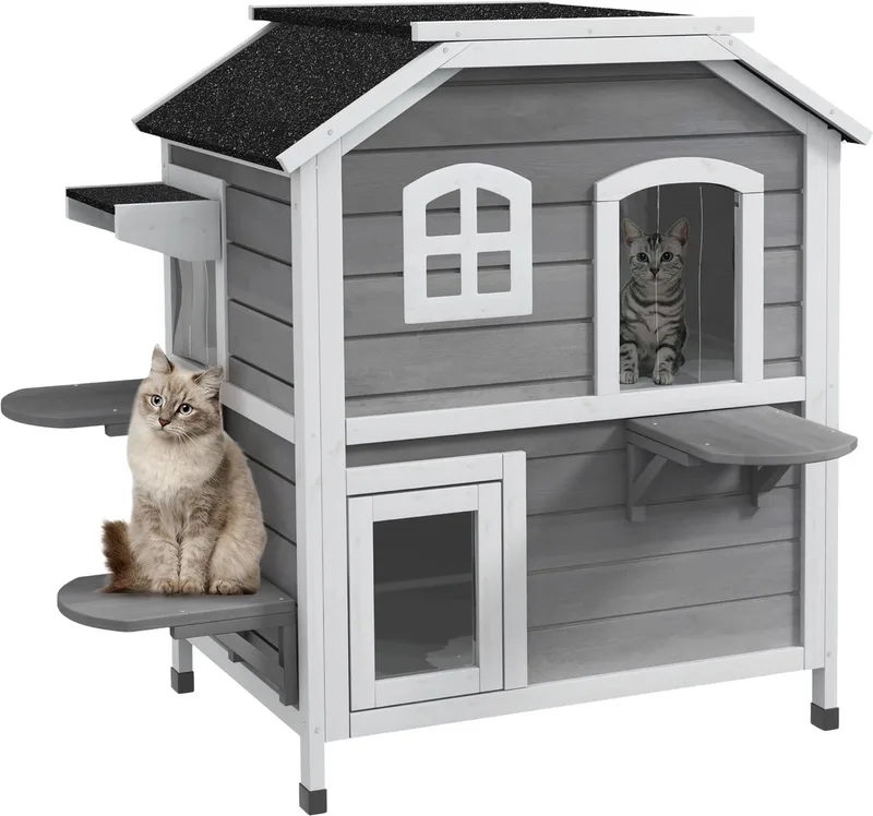 Outdoor Kattenhuis 2 Verdiepingen – Kattenvilla met Asfaltdak van Massief Hout – Grijs by Happiq – product photo
