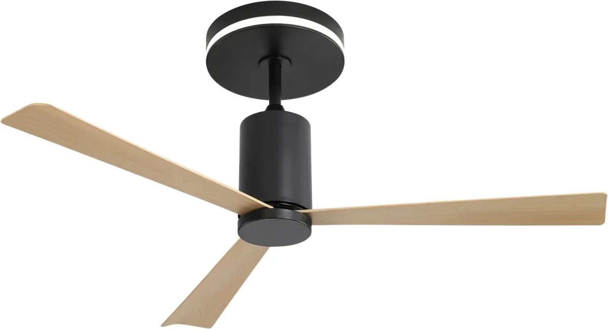 Plafondventilator - Inbouwventilator met LED Verlichting en Afstandsbediening - 3 Bladen ABS, Wit, Diameter 132 cm de Happiq en Licht houtlook – photo produit