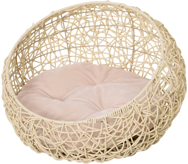 Rotan Kattenmand met Kussen – Katten Cave / Hondenhuis Ø56x35 cm – Beige de Happiq – photo produit