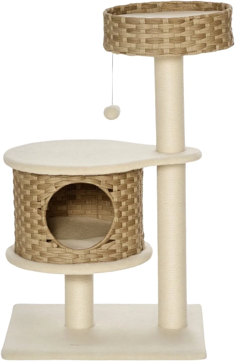 Rotan Krabpaal 95 cm – Klimboom met Katten Cave – Natuurlijk Beige by Happiq – product photo