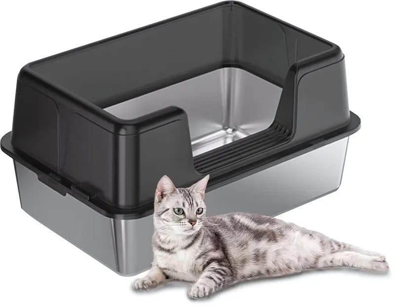 RVS Kattenbak met Deksel - 60cm - Hoge Zijkanten & Spatwaterdicht - Voor Grote & Kleine Katten de Happiq en Blanc – photo produit