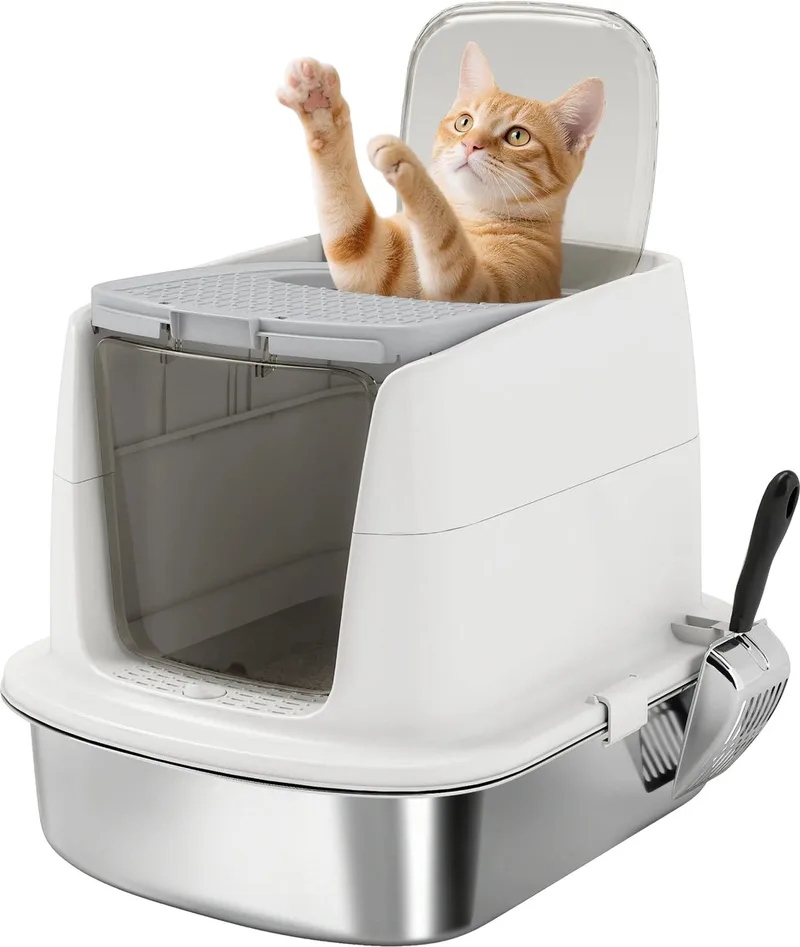RVS Kattenbak met Deksel – Katten Toilet met Schepje, Uitschuiflade & Geïntegreerde Kattenbakfilter de Happiq en Blanc – photo produit