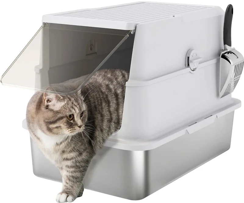 RVS Kattenbak XL – Met Deksel, Schepje & Geurfilter – Lichtgrijs by Happiq – product photo