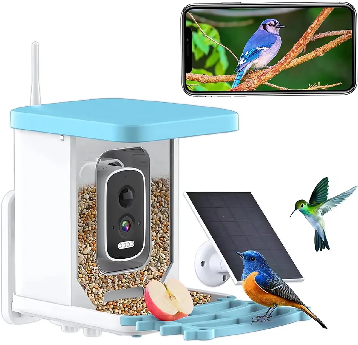 Slimme vogelvoederhuisje - Met camera - Vogelspotters - Hangend - Met 4MP HD-camera zonnepaneel - Bewegingssensor van Happiq in Blauw – productfoto