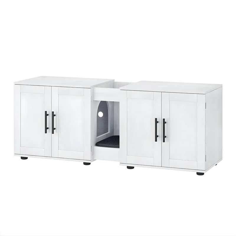 Verborgen Kattenbak Meubel - Dubbele Kamer Kattenbakbehuizing voor 2 Katten - Houten Design - Wit by Happiq – product photo
