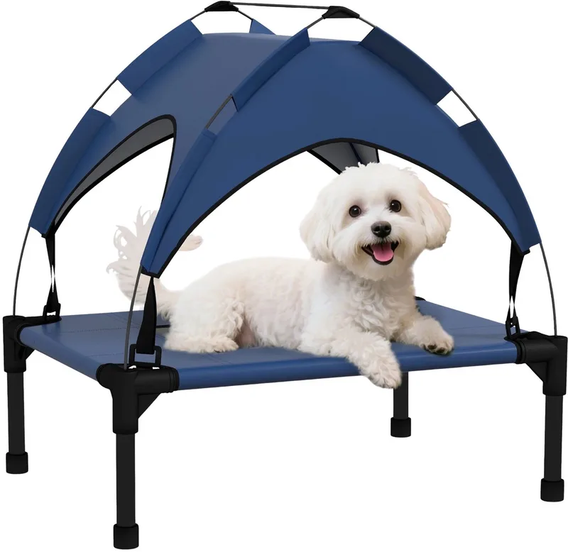 Verhoogd Hondenbed met Dak XL – Outdoor Hondenligbed voor Buiten – Blauw de Happiq – photo produit