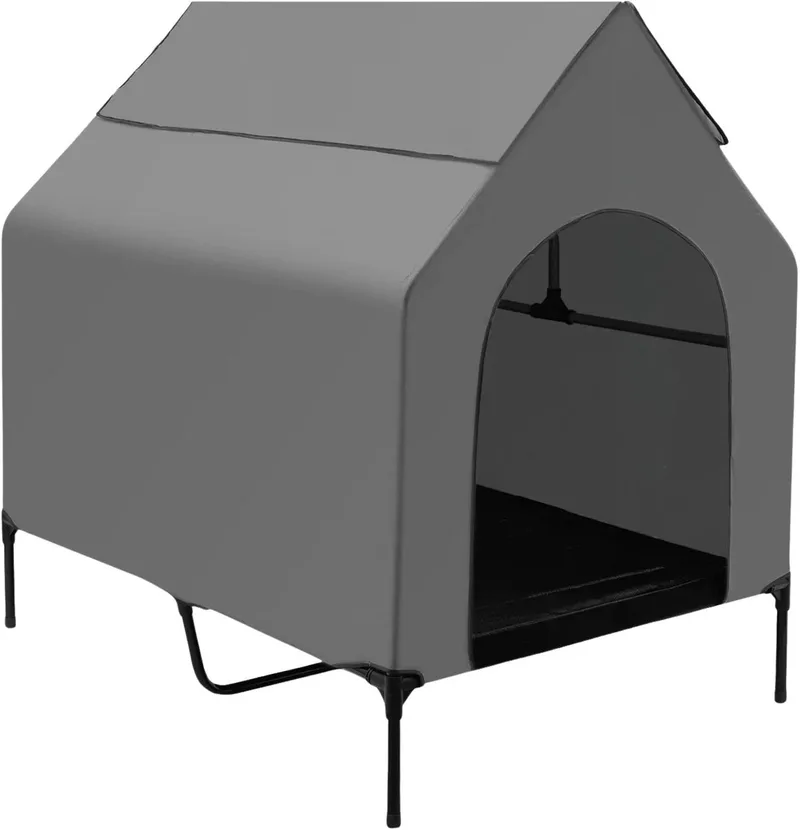 Verhoogd hondenbed met luifel – Voor kamperen, strand, achtertuin en thuisgebruik – Met afneembare tent – 125 × 92 × 122 cm – Grijs by Happiq – product photo