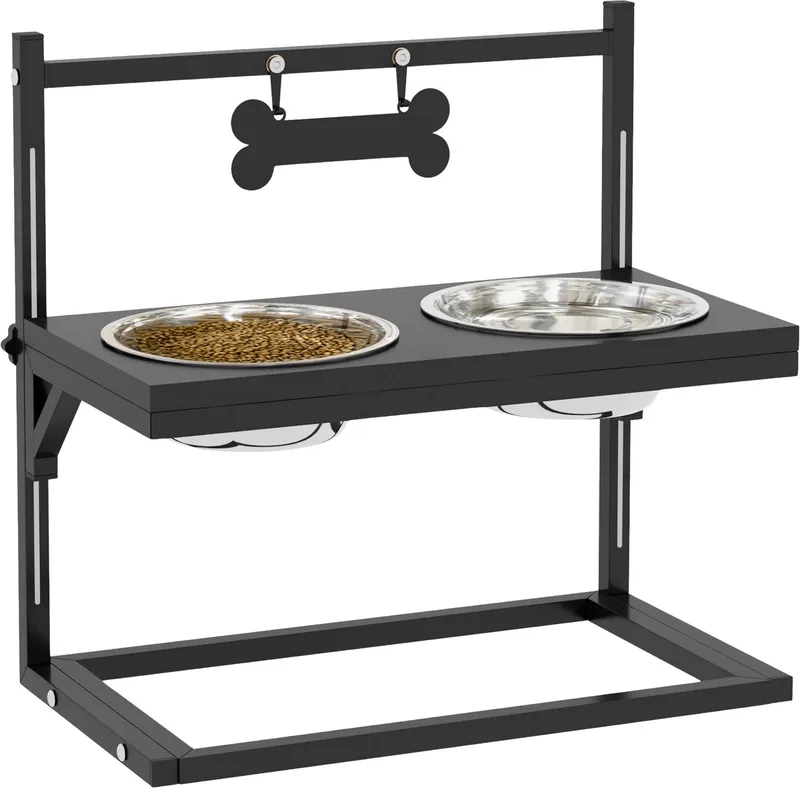 Verhoogde Hondenvoerbak – In Hoogte Verstelbaar Voerstation met Botvormige Metalen Plaat & 2x 900 ml RVS Bakken – Zwart by Happiq – product photo