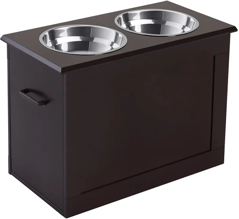 Verhoogde Hondenvoerbak – Voerstation met Opbergruimte & 2x 2000 ml RVS Bakken – Grijs by Happiq – product photo