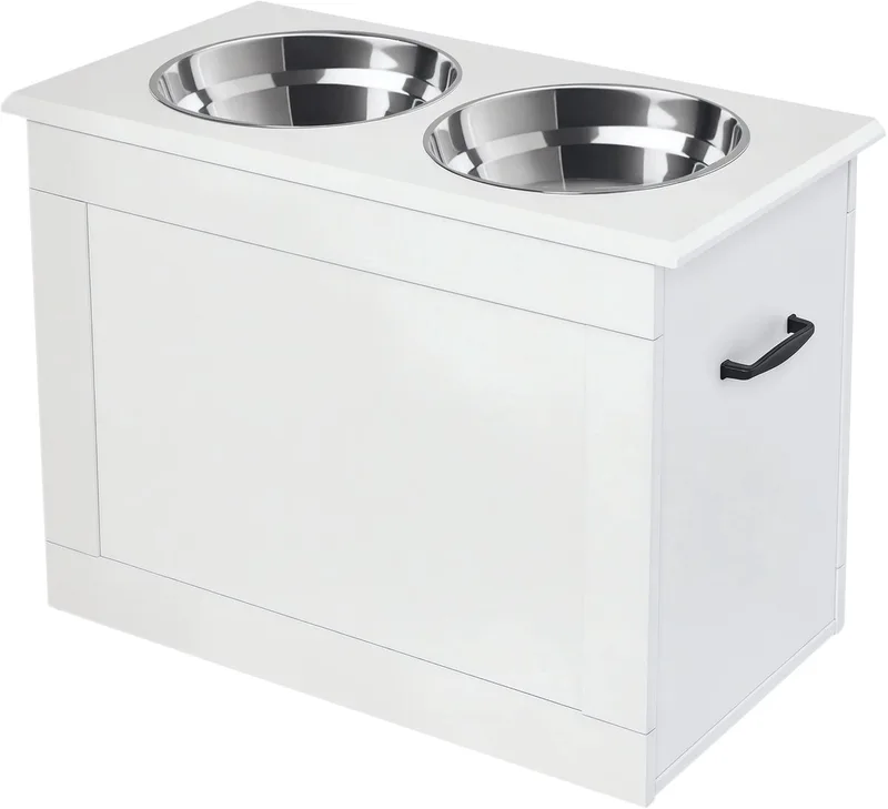 Verhoogde Hondenvoerbak – Voerstation met Opbergruimte & 2x 2000 ml RVS Bakken – Wit by Happiq – product photo