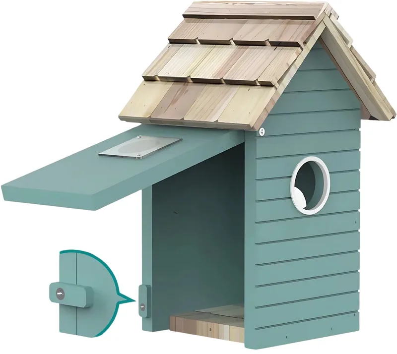 Vogelhuisje Nero - Met camera - Voor tuin en buitengebruik - Microfoon - Met app - Slim hangend doe-het-zelf huisje met camera - Gemaakt van von Happiq in Hout – Produktfoto