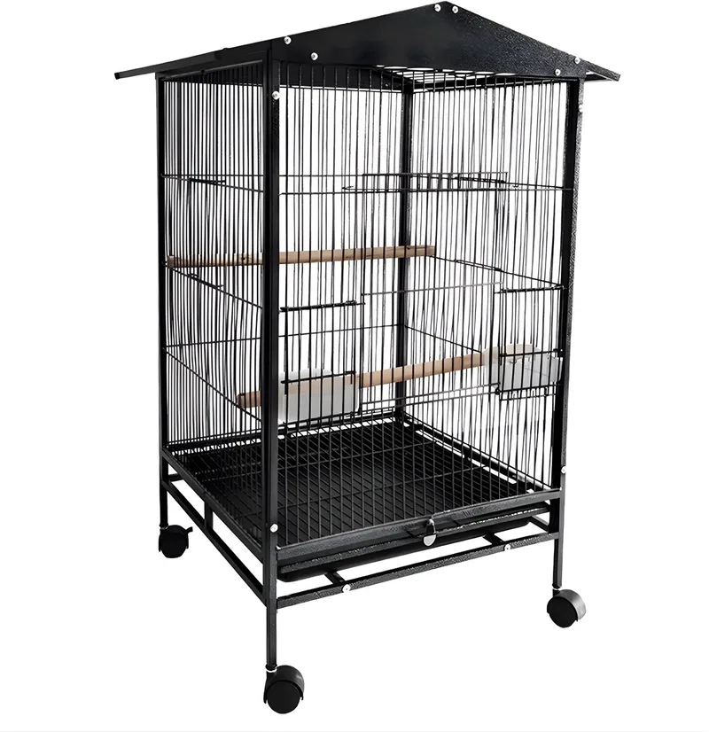 Vogelkooi 33 Inch Papegaaienkooi - Voor Kleine Papegaaien & Parkieten - Grote Staande Smeedijzeren Kooi met Wielen en Voederbak - parkietenkooi von Happiq in Schwarz – Produktfoto