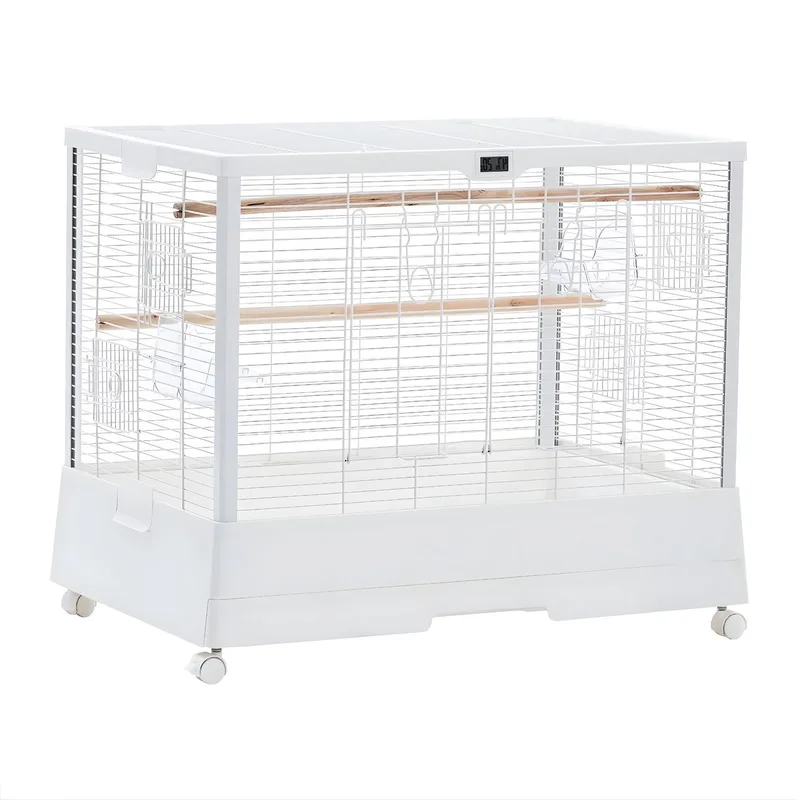 Vogelkooi - 71.12cm IJzeren Kooi met Standaard, Wielen en Uitschuifbare Lade - voor parkieten en papegaaien - Metaal - Wit de Happiq – photo produit