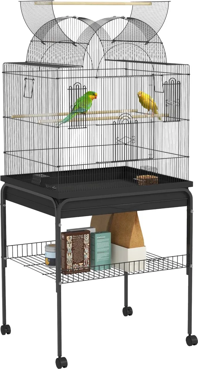 Vogelkooi met Open Dak en Standaard – Verrijdbare Metalen Papegaaienkooi met Wielen, Uitneembare Lade en Opbergplank voor Kleine Vogels – Zwart von Happiq – Produktfoto