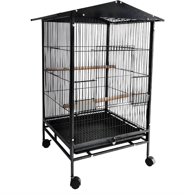 Vogelkooi Papegaaienkooi - Voor Kleine Papegaaien & Parkieten - 33 Inch Staande Smeedijzeren Kooi met Wielen en Voederbak - Rolstandaard - parkietenkooi by Happiq in Black – product photo
