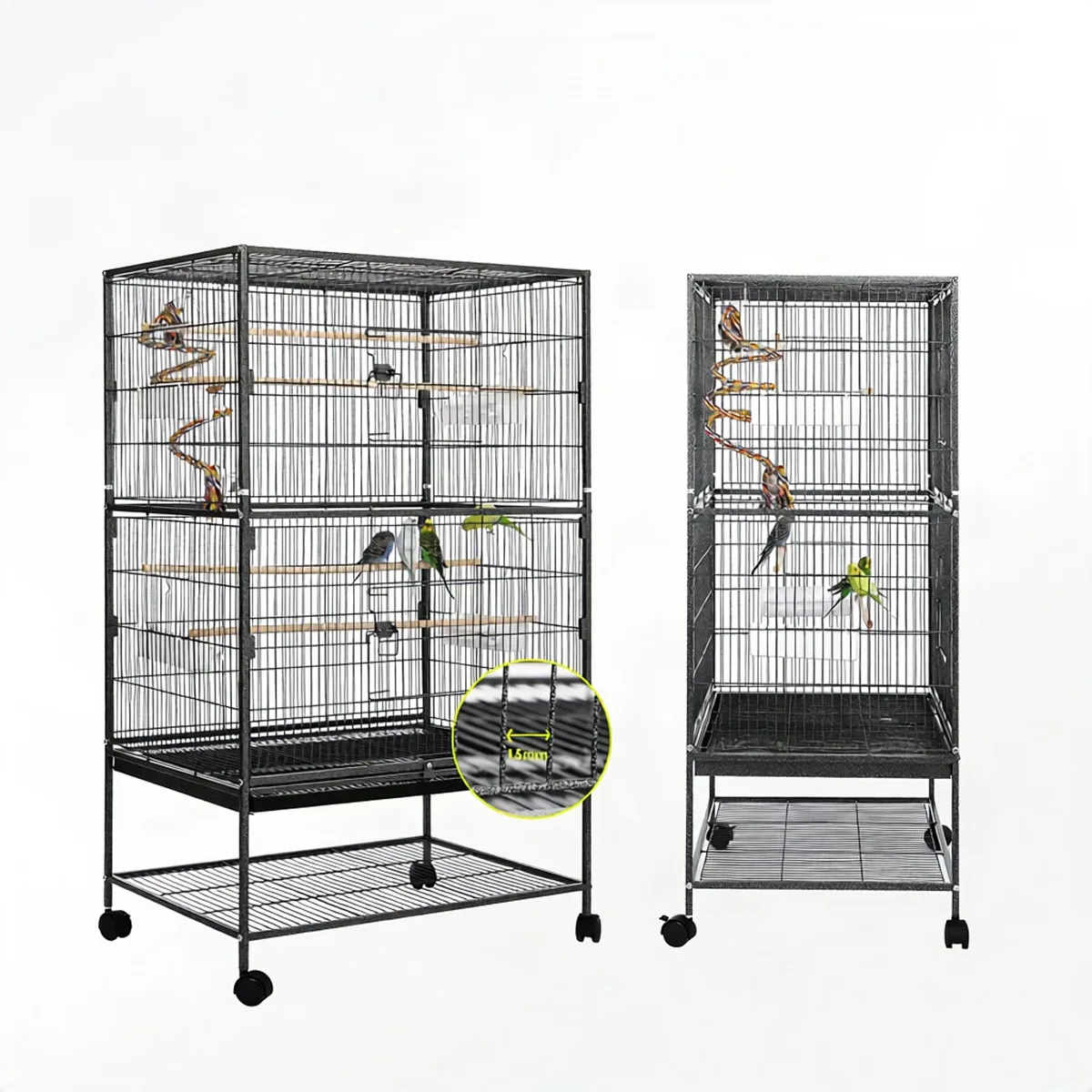 Vogelkooi - Voor Grote Parkieten en Papegaaien - Metalen Kooi op Rollende Standaard - Zwart von Happiq – Produktfoto