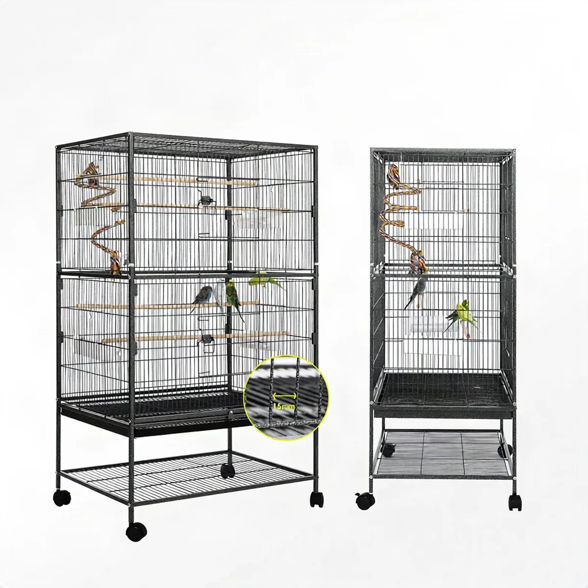 Vogelkooi - Voor Parkiet en Papegaai - Met Zitstok en Wielen - Zwart Metaal van Happiq – productfoto