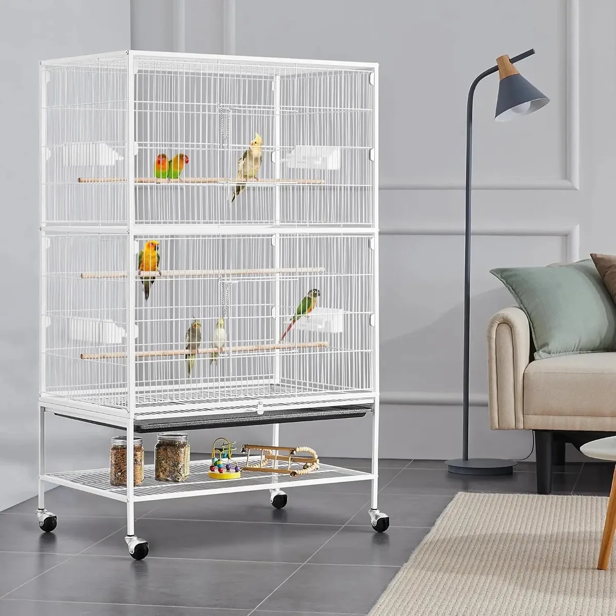 Vogelkooi - Voor Parkieten en Grote Papegaaien - Metalen Witte Kooien met Lade en Standard van Happiq – productfoto