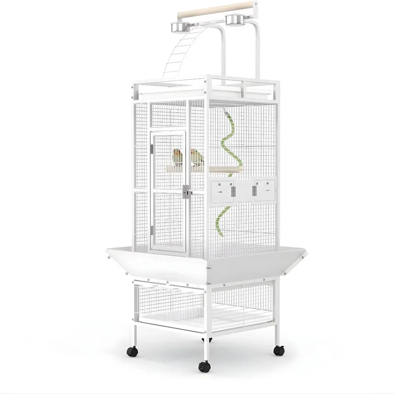 Vogelkooi - Witte IJzeren Kooi met Speelplatform, Zitstokken, Voerbakjes en Wielen - voor papegaaien en parkieten - Metaal - Grijs by Happiq in White – product photo