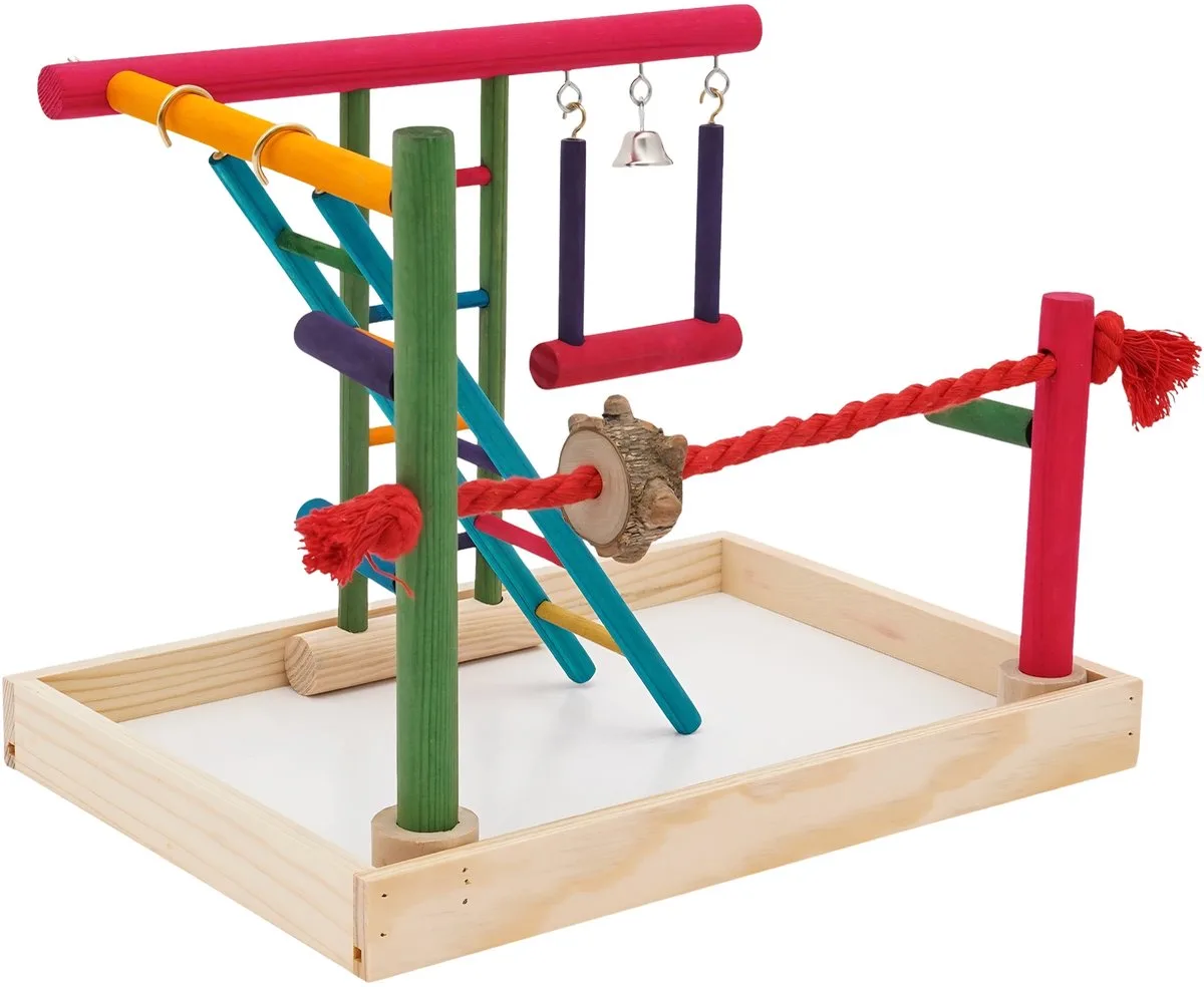 Vogelspeelplaats voor Papegaaien – Speelstandaard met Zitstokken, Ladders, Touwzitstok en Schommel voor Valkparkieten en Kleine Vogels – Gekleurd de Happiq – photo produit