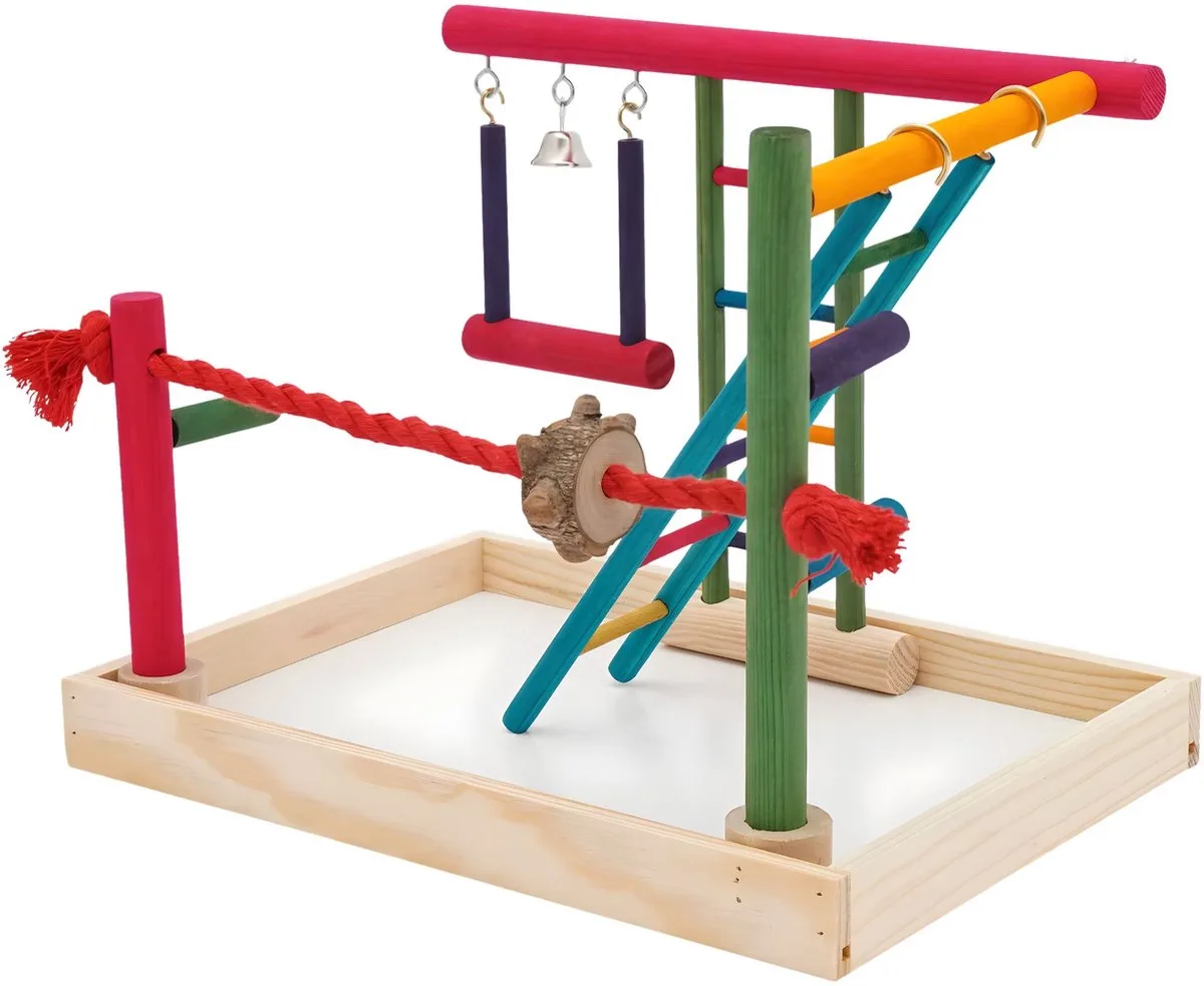 Vogelspeeltuin – Voor kleine vogels – Zitstok met ladders, touwzitstok en schommel – Bruin, natuurlijk materiaal de Happiq en Gekleurd – photo produit