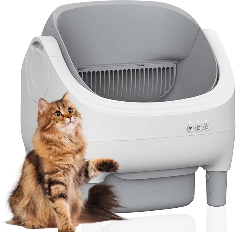 Zelfreinigende auto kattenbak - App-bediening, geurvrij open design met grote afvalbak en vuilniszakken - Grijs kleur, 400x400 cm by Happiq – product photo