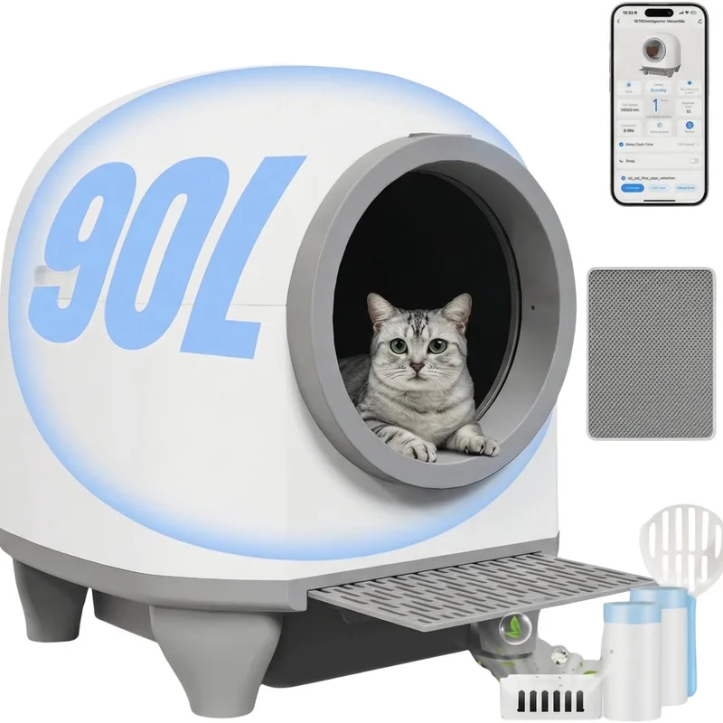 Zelfreinigende Kattenbak met Kattenoren – Slimme Kattenbak met Veiligheidssensor, Geschikt voor Meerdere Katten – Wit by Happiq – product photo
