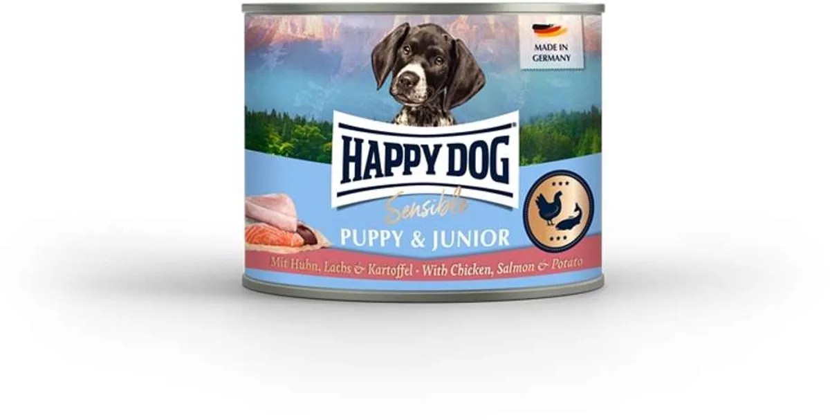 Sensible Puppy & Junior 6x400g - Kip, Zalm & Aardappel fra Happy Dog – produktbillede