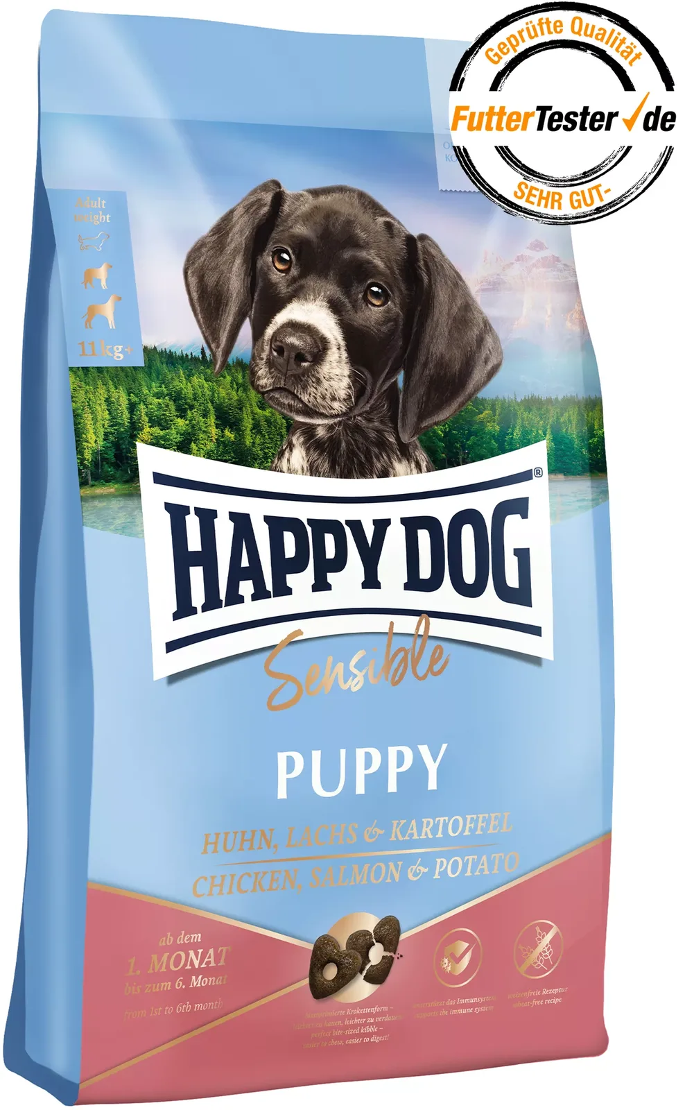 Trockenfutter Sensible Puppy Huhn, Lachs und Kartoffel - 4 kg de Happy Dog – photo produit