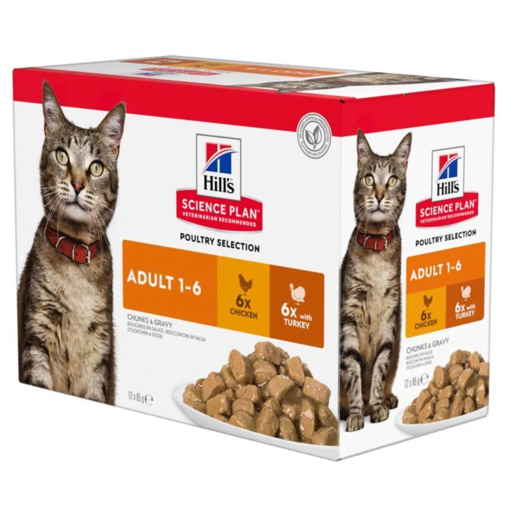 12x85g Feline Maaltijdzakjes Gevogelte selectie Hill's Science Plan Kattenvoer van Hill's – productfoto