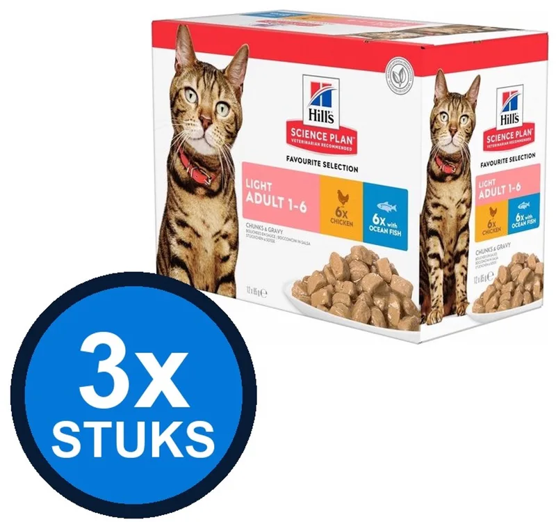 3x Hill's - Science Plan cat adult light fav sel mp 12x85gr - Kattenvoer - 1.02 kg de Hill's – photo produit