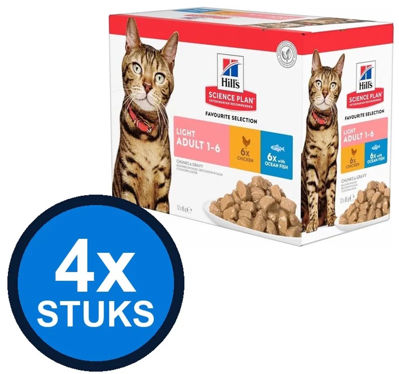 4x Hill's - Science Plan cat adult light fav sel mp 12x85gr - Kattenvoer - 1.02 kg von Hill's – Produktfoto