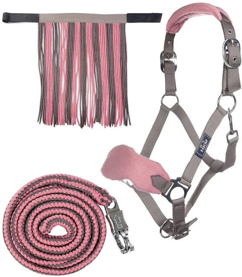 Halster set met paniekhaak & vliegenfrontriem by HKM in Mokka, Milky roze – product photo